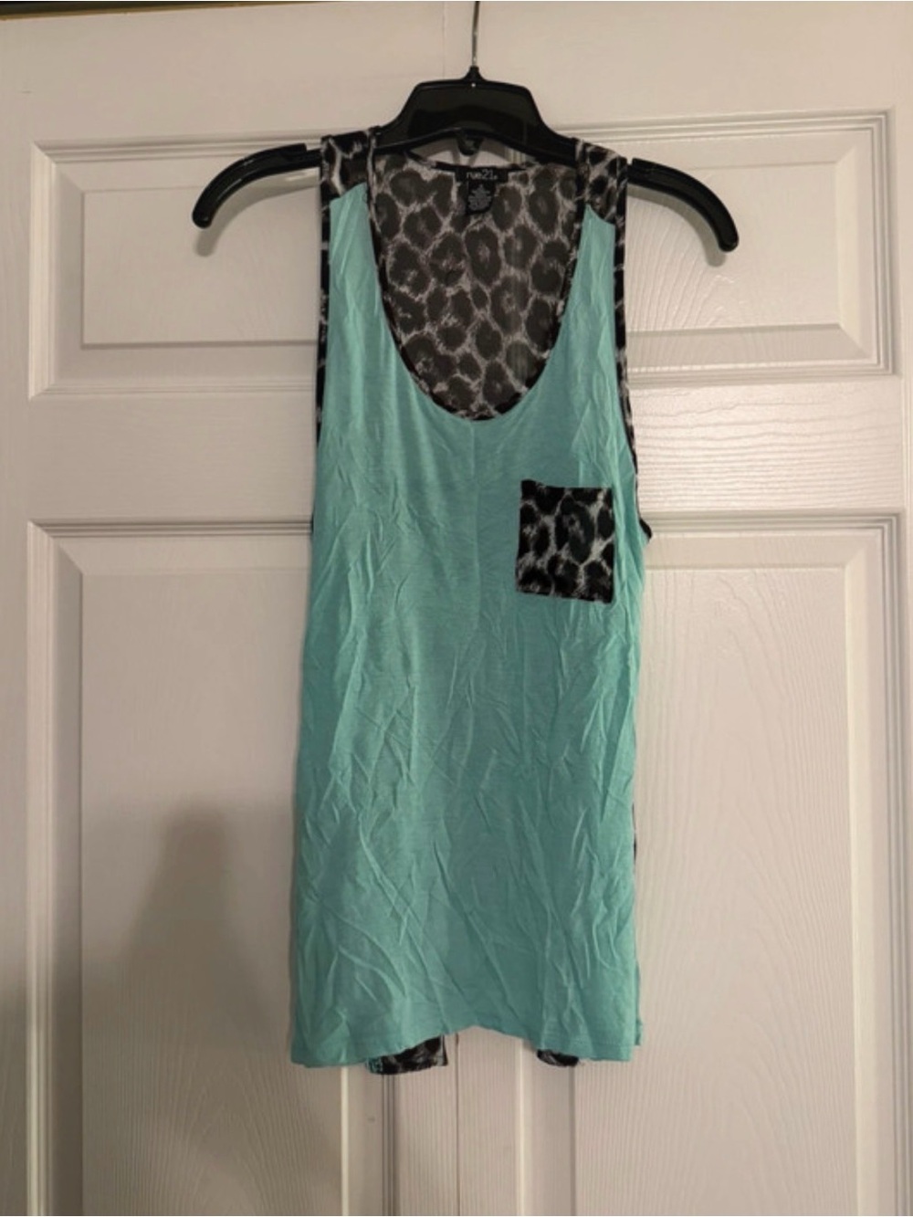 Rue21 Mint Green Tank with Leopard Print Trim and Pocket